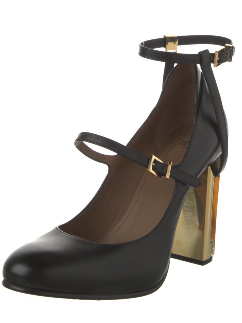 Fendi Black Mary Jane Ankle-Strap Pumps with Gold Block Heel